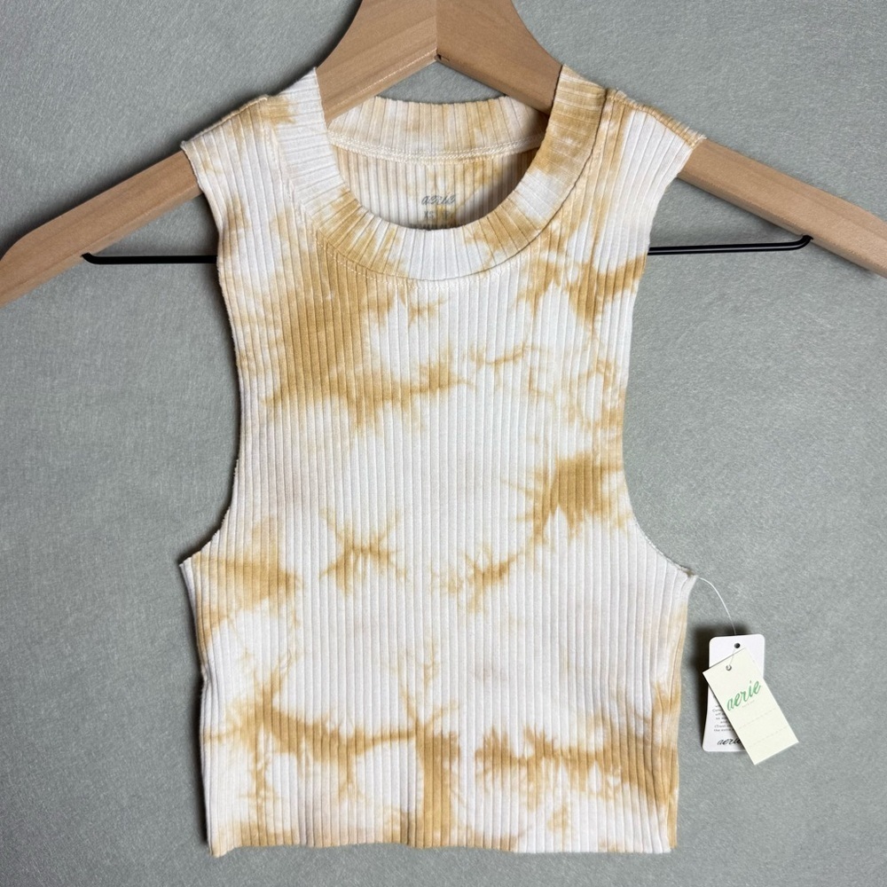 Brand New Aerie Cropped Tan and White Tie Dye Tank Top XS NWT